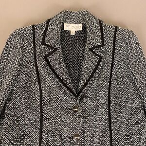 St. John Collection Blazer Tweed Knit Green Black Trim Button Front Size 6 EUC